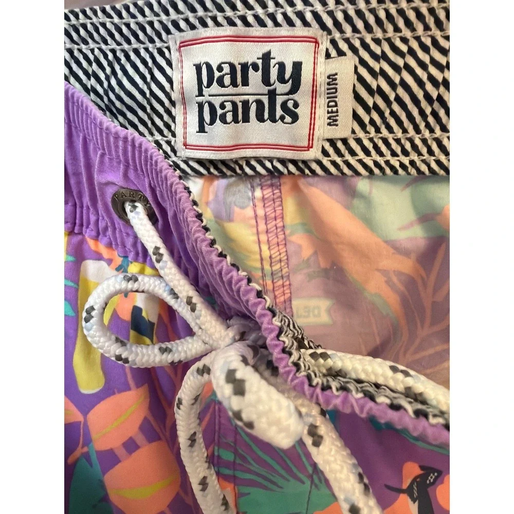 Party‎ Pants Mens Purple Deja Brew Tropical Parrot Beer Swim Trunks Size Medium